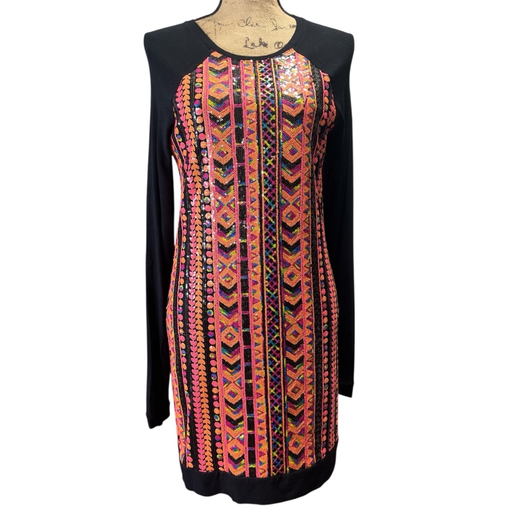 Ricki Brazil EC. Black multi color Sequin raglan sleeve dress. Size small